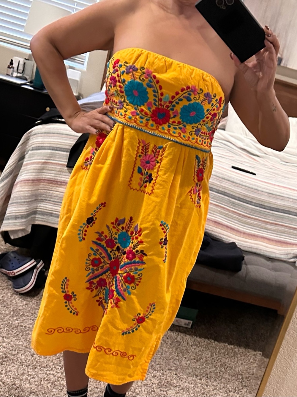 Embroidered Mexican Strapless Yellow Sundress Large